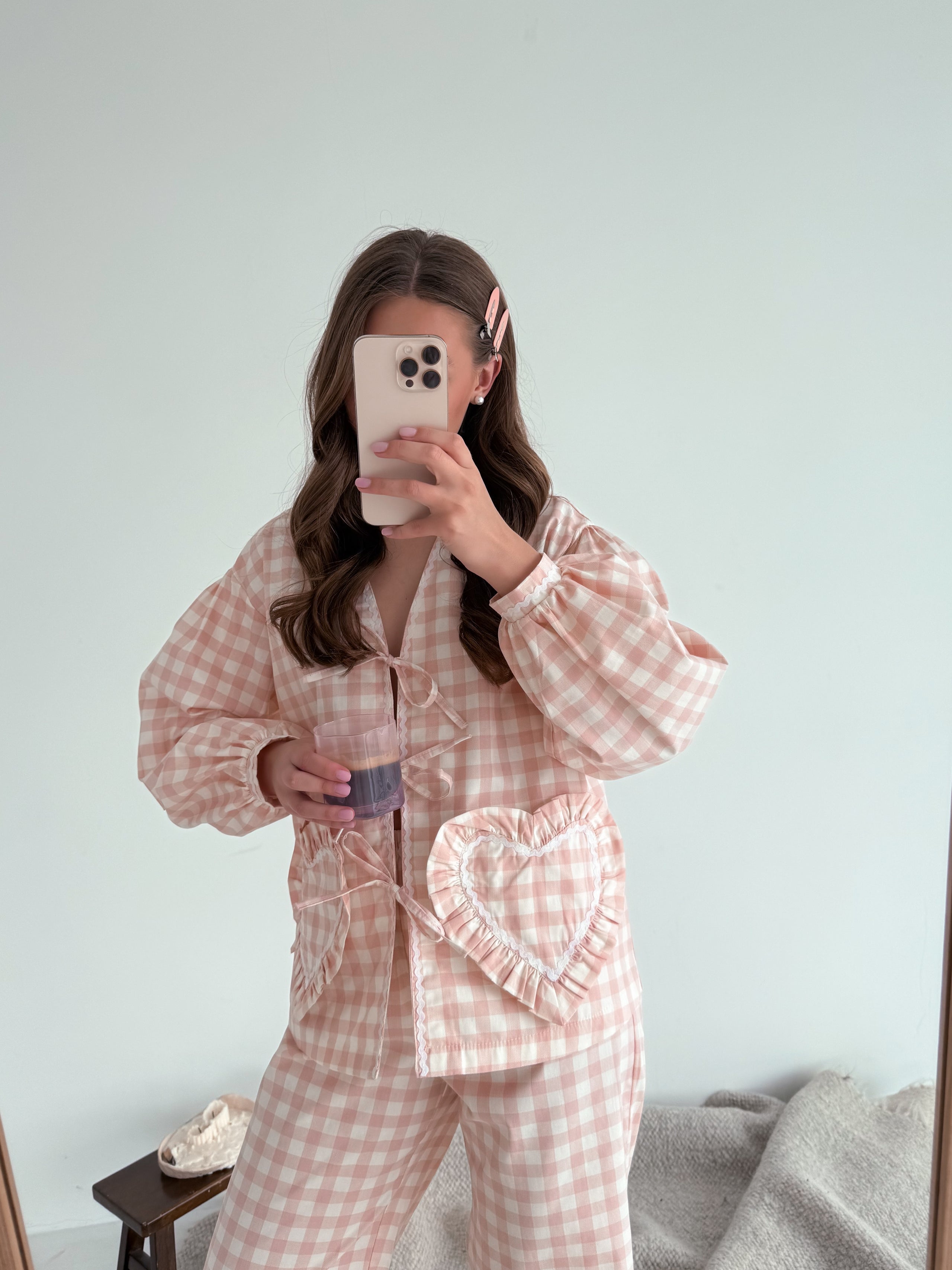 Suit with powder-colored hearts