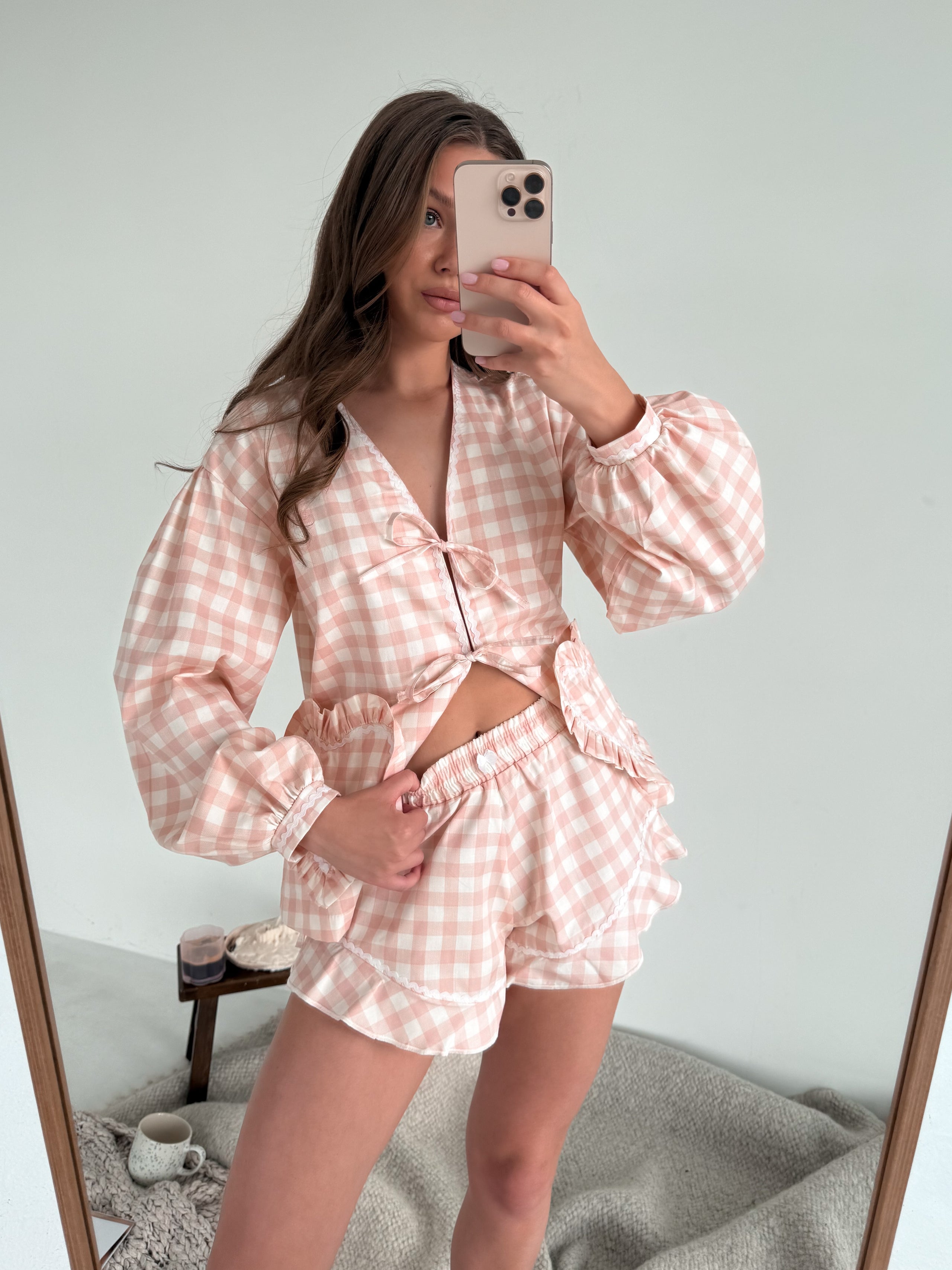 Suit with powder-colored hearts